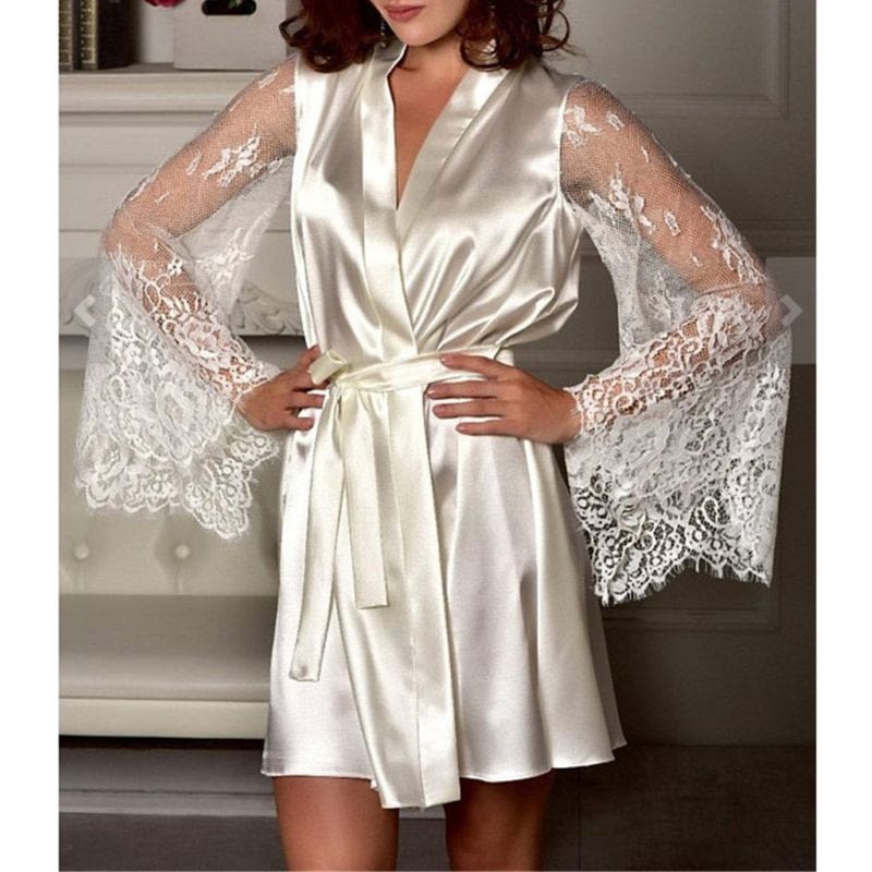 Women’s Sheer, Eyelash, Floral Lace Sleeves, Bath Robe, Open Front ...